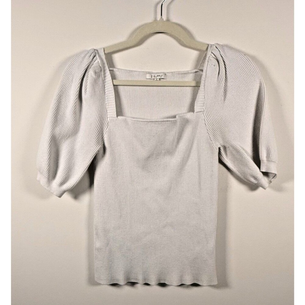 Z Supply White Ribbed Knit Square Neck Puff Short Sleeve Top - L
